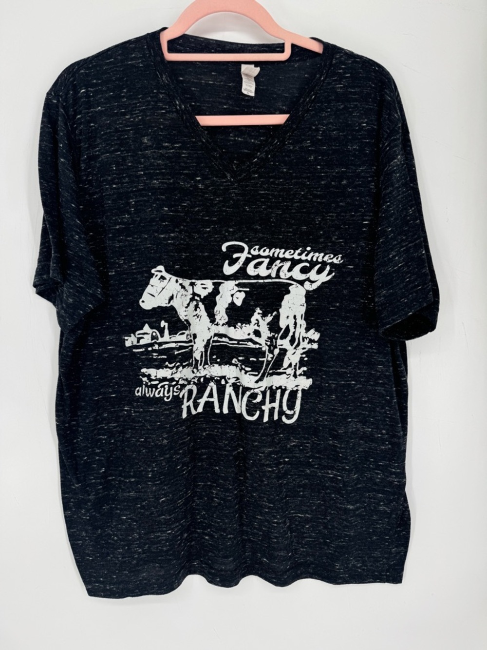 Women's 'Sometimes Fancy Always Ranchy' Black Graphic V-Neck T-Shirt Size XL - Picture 1 of 4
